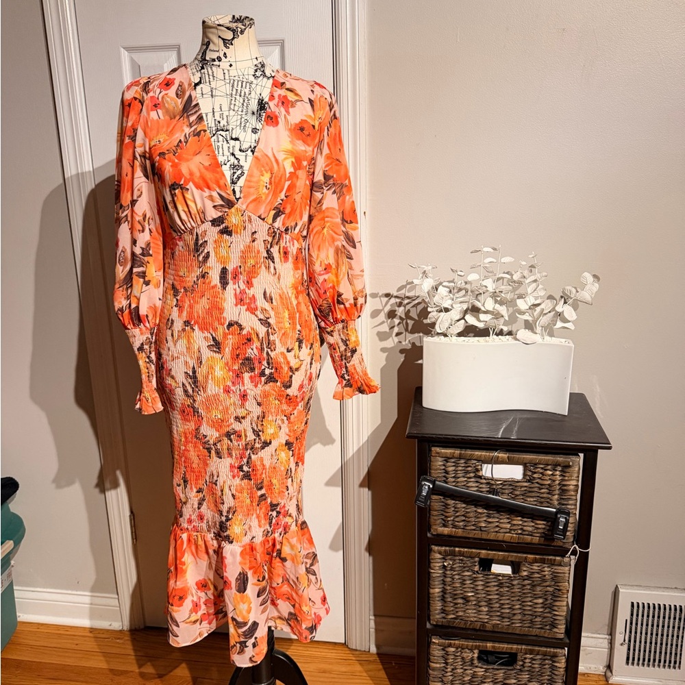 NWOT Hello Molly Floral Vibrant Long Sleeve tie ruched accordion Dress M Shirred